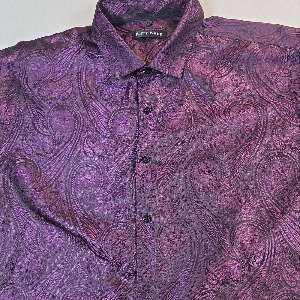Barry Wang Mens Purple  Silk Poly Metallic Paisley L/S Button Dress Shirt 3XL - Picture 2 of 8